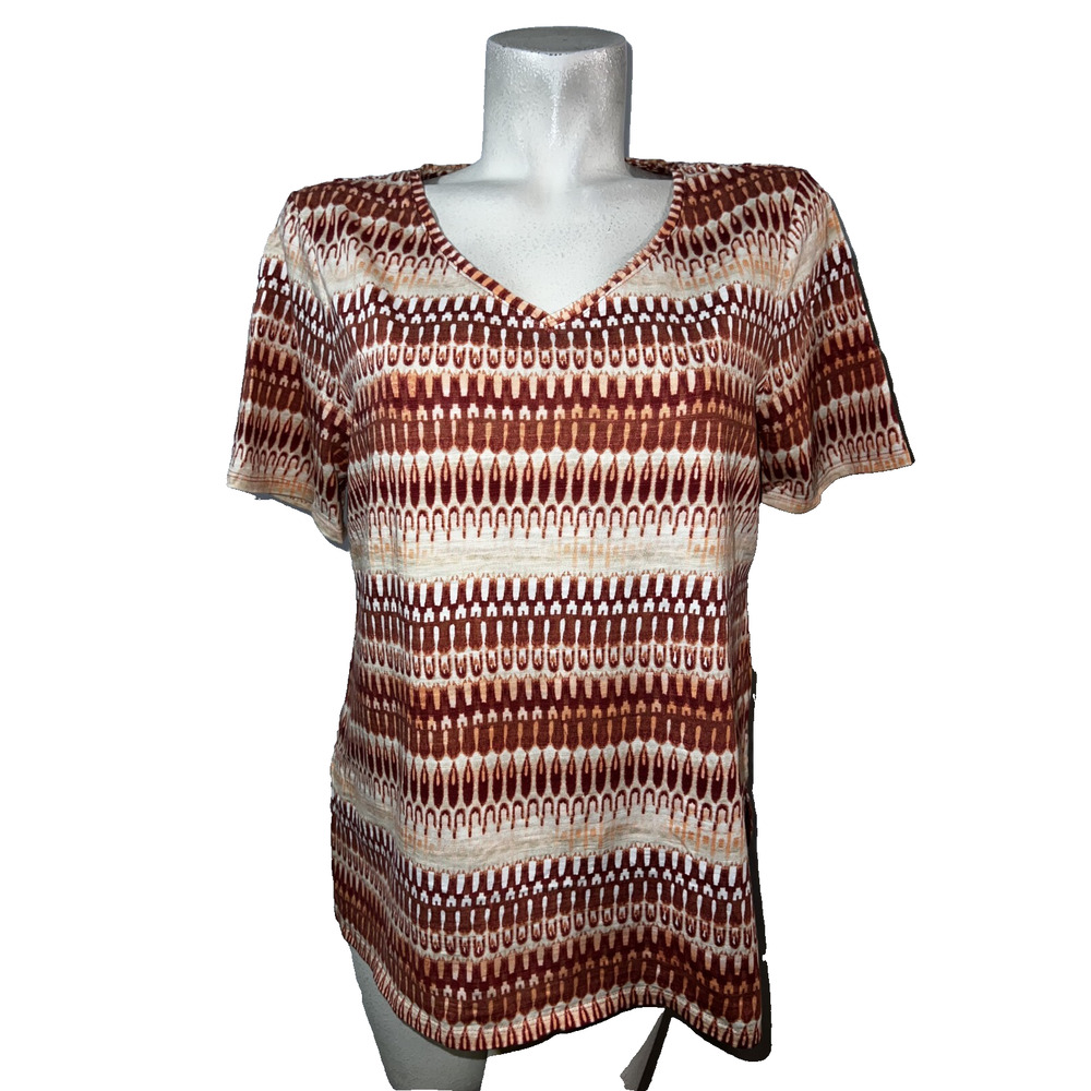 CHICO'S Top Women's Size L (2) Cotton Blend Slub Side Slit Ikat Tee SS T-Shirt‎